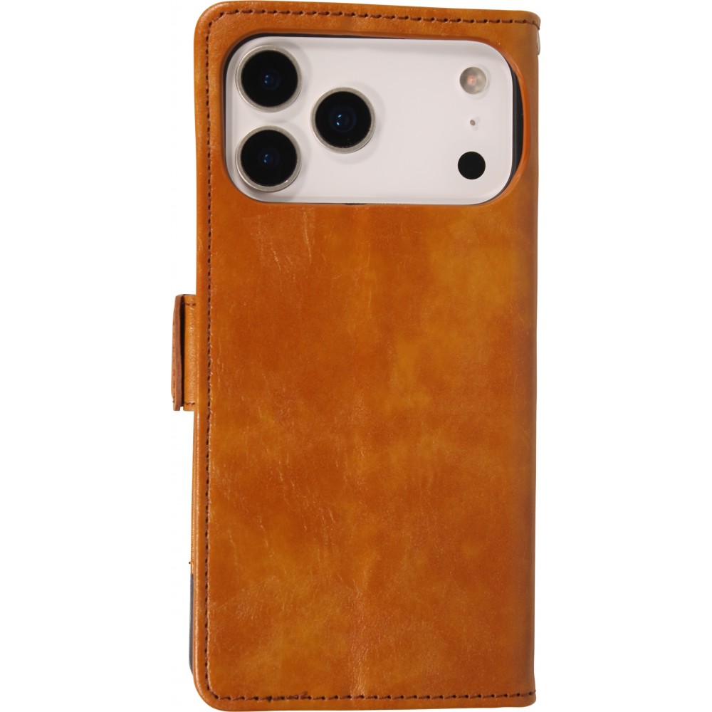 Etui cuir iPhone 17 Pro - Flip Wallet en cuir véritable avec stripe design et compartiment à cartes - Brun clair