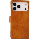 Etui cuir iPhone 17 Pro - Flip Wallet en cuir véritable avec stripe design et compartiment à cartes - Brun clair
