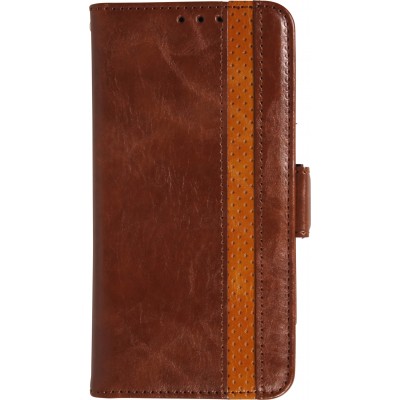 Etui cuir iPhone 17 Pro Max - Flip Wallet en cuir véritable avec stripe design et compartiment à cartes - Brun foncé