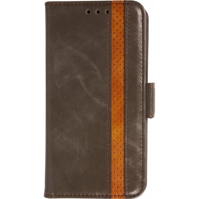 Etui cuir iPhone 17 Pro Max - Flip Wallet en cuir véritable avec stripe design et compartiment à cartes - Gris