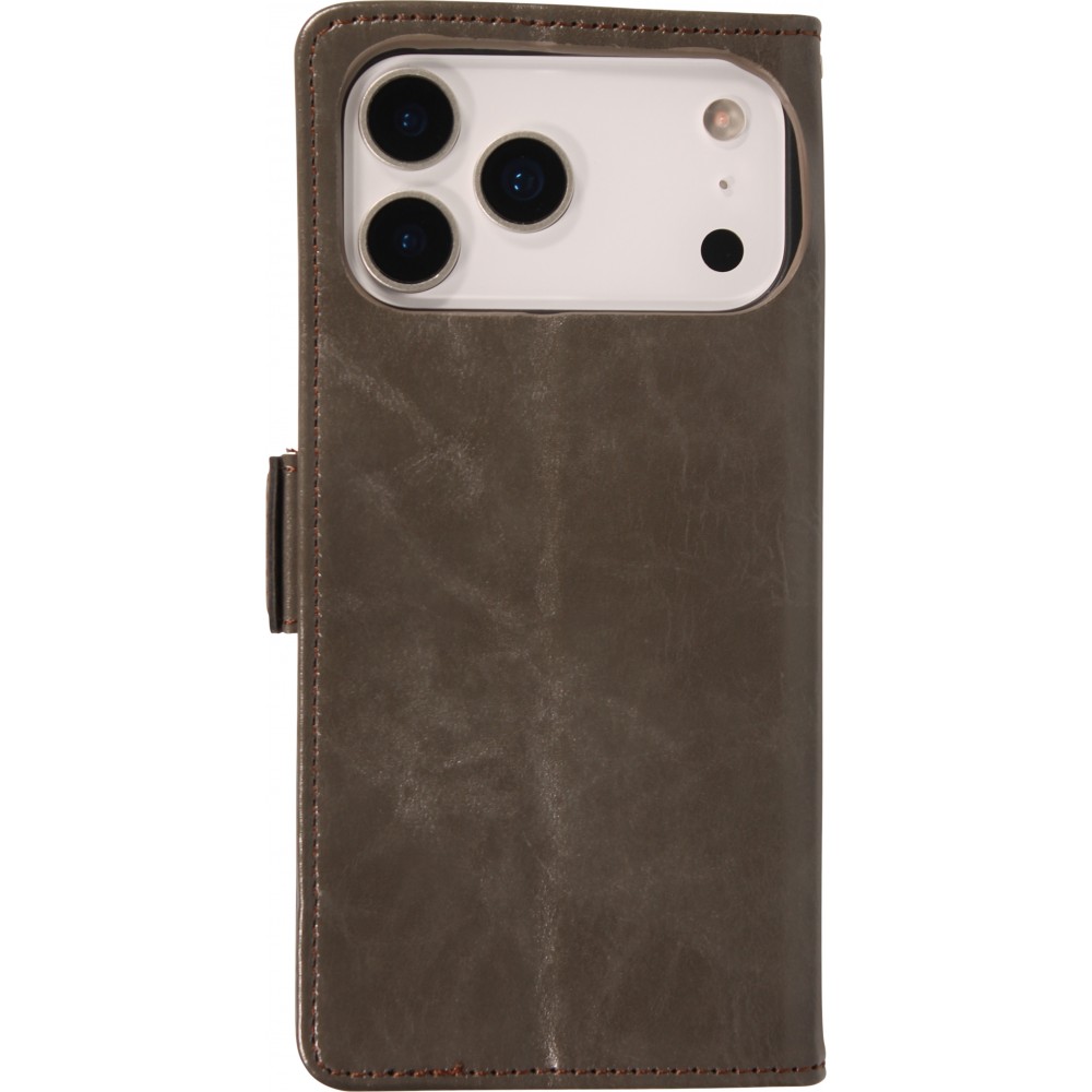 Etui cuir iPhone 17 Pro - Flip Wallet en cuir véritable avec stripe design et compartiment à cartes - Gris