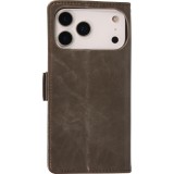 Etui cuir iPhone 17 Pro - Flip Wallet en cuir véritable avec stripe design et compartiment à cartes - Gris