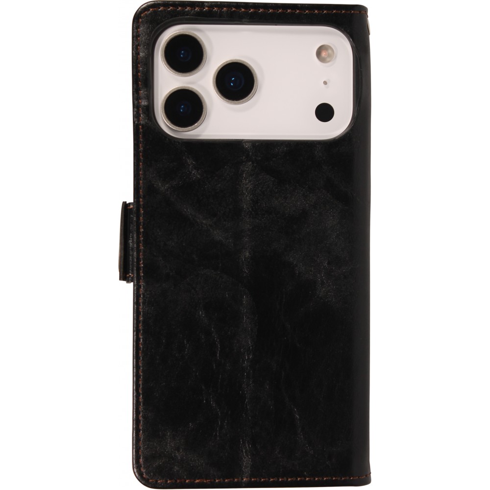 Etui cuir iPhone 17 Pro - Flip Wallet en cuir véritable avec stripe design et compartiment à cartes - Noir