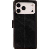 Etui cuir iPhone 17 Pro - Flip Wallet en cuir véritable avec stripe design et compartiment à cartes - Noir