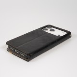 Etui cuir iPhone 17 Pro - Flip Wallet en cuir véritable avec stripe design et compartiment à cartes - Noir