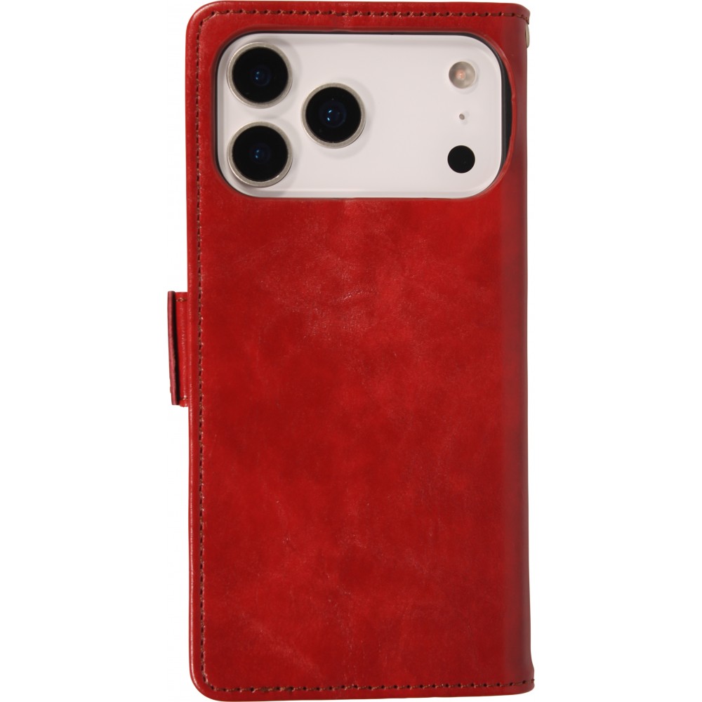 Etui cuir iPhone 17 Pro - Flip Wallet en cuir véritable avec stripe design et compartiment à cartes - Rouge
