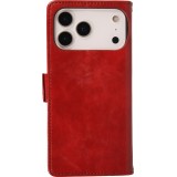 Etui cuir iPhone 17 Pro - Flip Wallet en cuir véritable avec stripe design et compartiment à cartes - Rouge