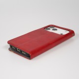 Etui cuir iPhone 17 Pro - Flip Wallet en cuir véritable avec stripe design et compartiment à cartes - Rouge