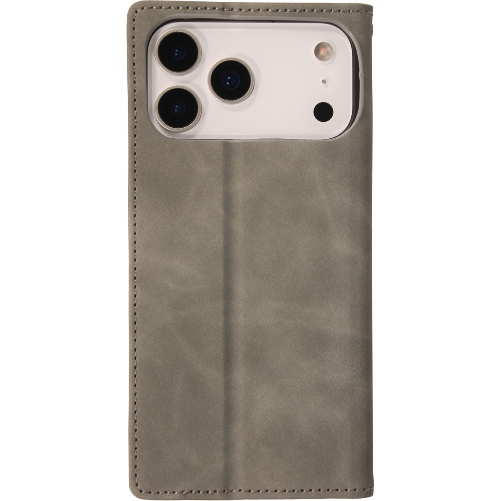 Leder Tasche Case iPhone 17 Pro - Flip Wallet vintage mit Magnetverschluss und Kartenhalter - Grau