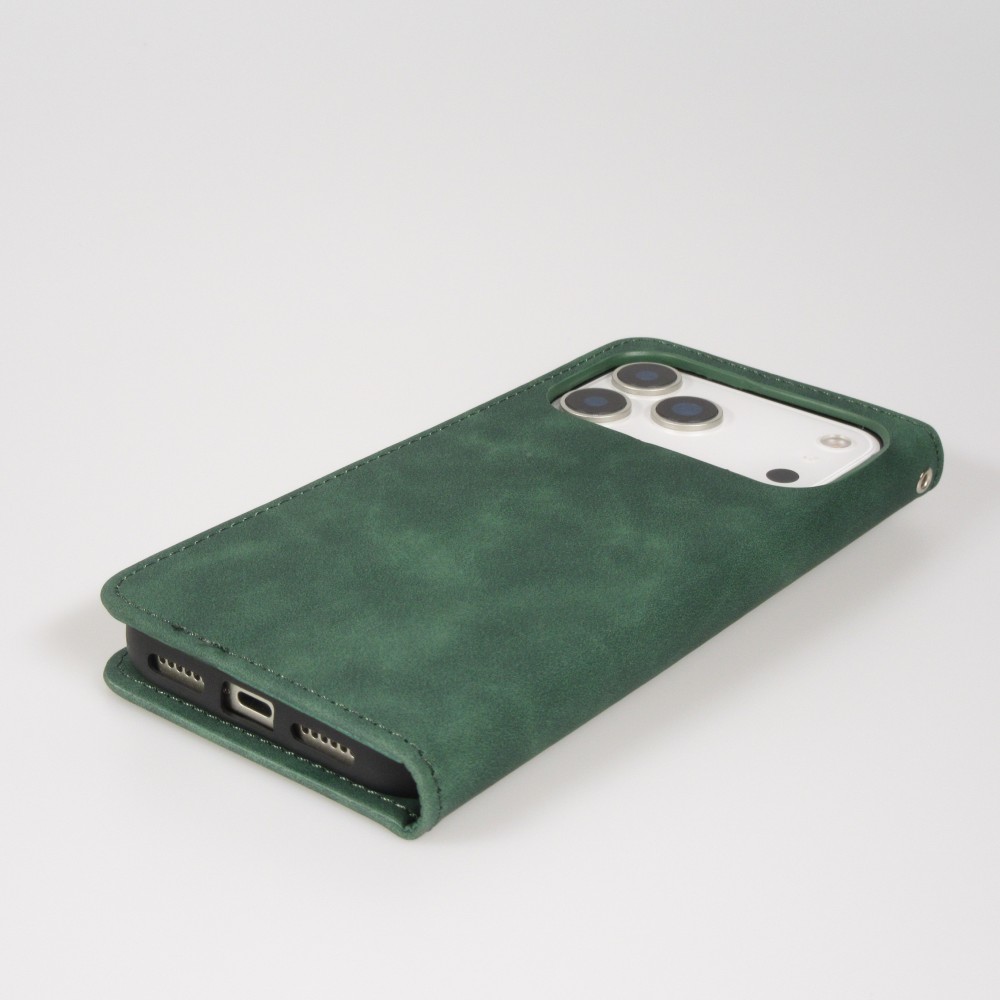 Leder Tasche Case iPhone 17 Pro - Flip Wallet vintage mit Magnetverschluss und Kartenhalter - Dunkelgrün