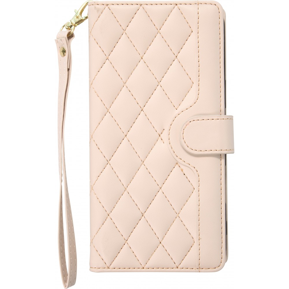 Fourre iPhone 16 - Flip matelassé élégant avec fermeture magnétique et lanière et emplacements pour cartes - Beige