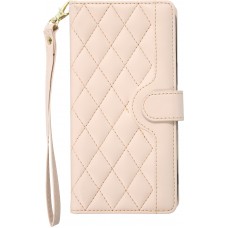 Fourre iPhone 16 - Flip matelassé élégant avec fermeture magnétique et lanière et emplacements pour cartes - Beige