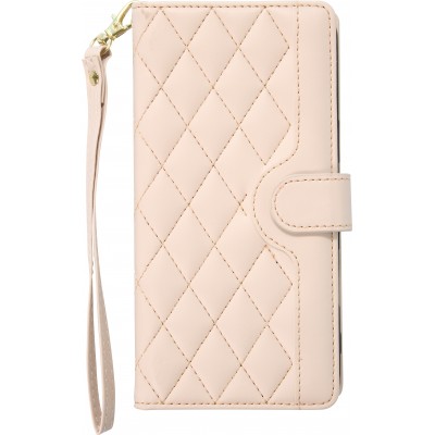 Fourre iPhone 16 - Flip matelassé élégant avec fermeture magnétique et lanière et emplacements pour cartes - Beige