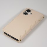 Fourre iPhone 16 - Flip matelassé élégant avec fermeture magnétique et lanière et emplacements pour cartes - Beige