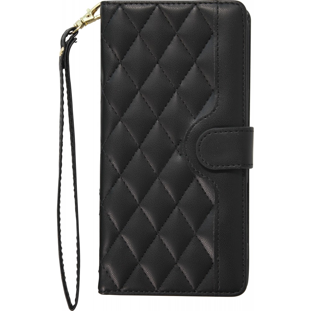 Fourre iPhone 16 - Flip matelass&eacute; &eacute;l&eacute;gant avec fermeture magn&eacute;tique et lani&egrave;re et emplacements pour cartes - Noir