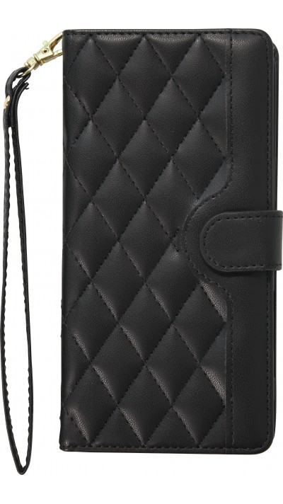Fourre iPhone 16 - Flip matelassé élégant avec fermeture magnétique et lanière et emplacements pour cartes - Noir