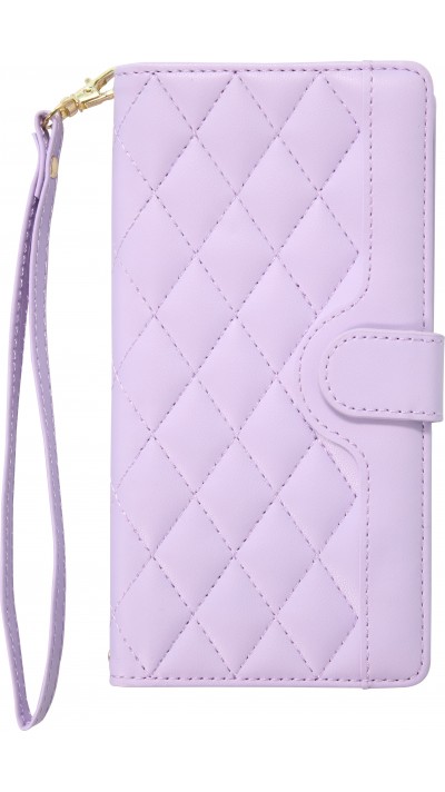 Fourre iPhone 16 - Flip matelassé élégant avec fermeture magnétique et lanière et emplacements pour cartes - Violet clair