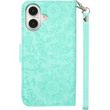 iPhone 16 Case Hülle - Flip Kartenetui Blumenmuster mit Lanyard - Hellblau