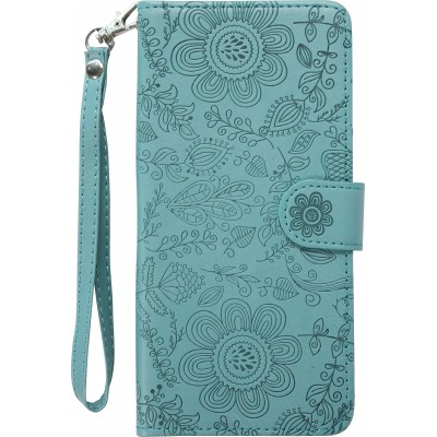 iPhone 16 Case Hülle - Flip Kartenetui Blumenmuster mit Lanyard - Dunkelblau