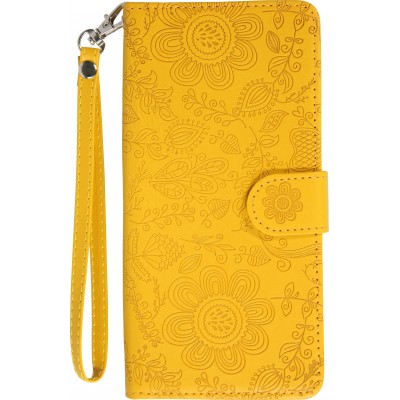 Fourre iPhone 16 - Flip porte-cartes dessins fleurs avec lanière - Jaune