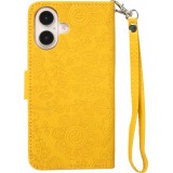 Fourre iPhone 16 - Flip porte-cartes dessins fleurs avec lanière - Jaune