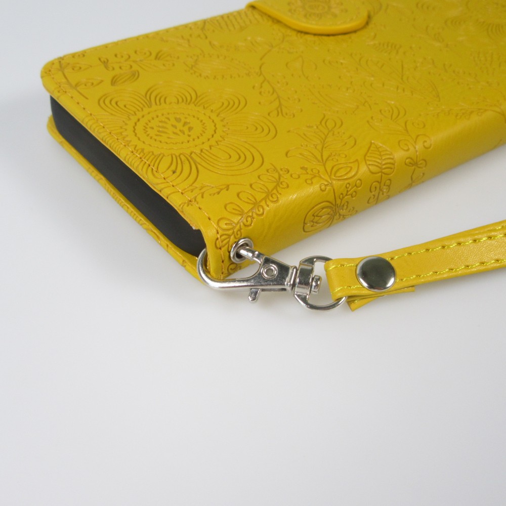 Fourre iPhone 16 - Flip porte-cartes dessins fleurs avec lanière - Jaune