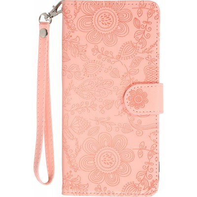 Fourre iPhone 16 - Flip porte-cartes dessins fleurs avec lani&egrave;re - Rose