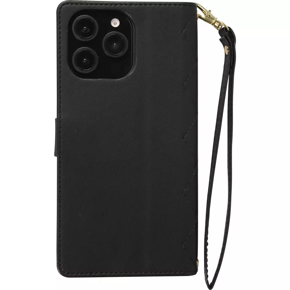 iPhone 16 Pro Case H&uuml;lle - Elegante Flip-Matratze mit Magnetverschluss Trageschlaufe und Kartenf&auml;chern - Schwarz