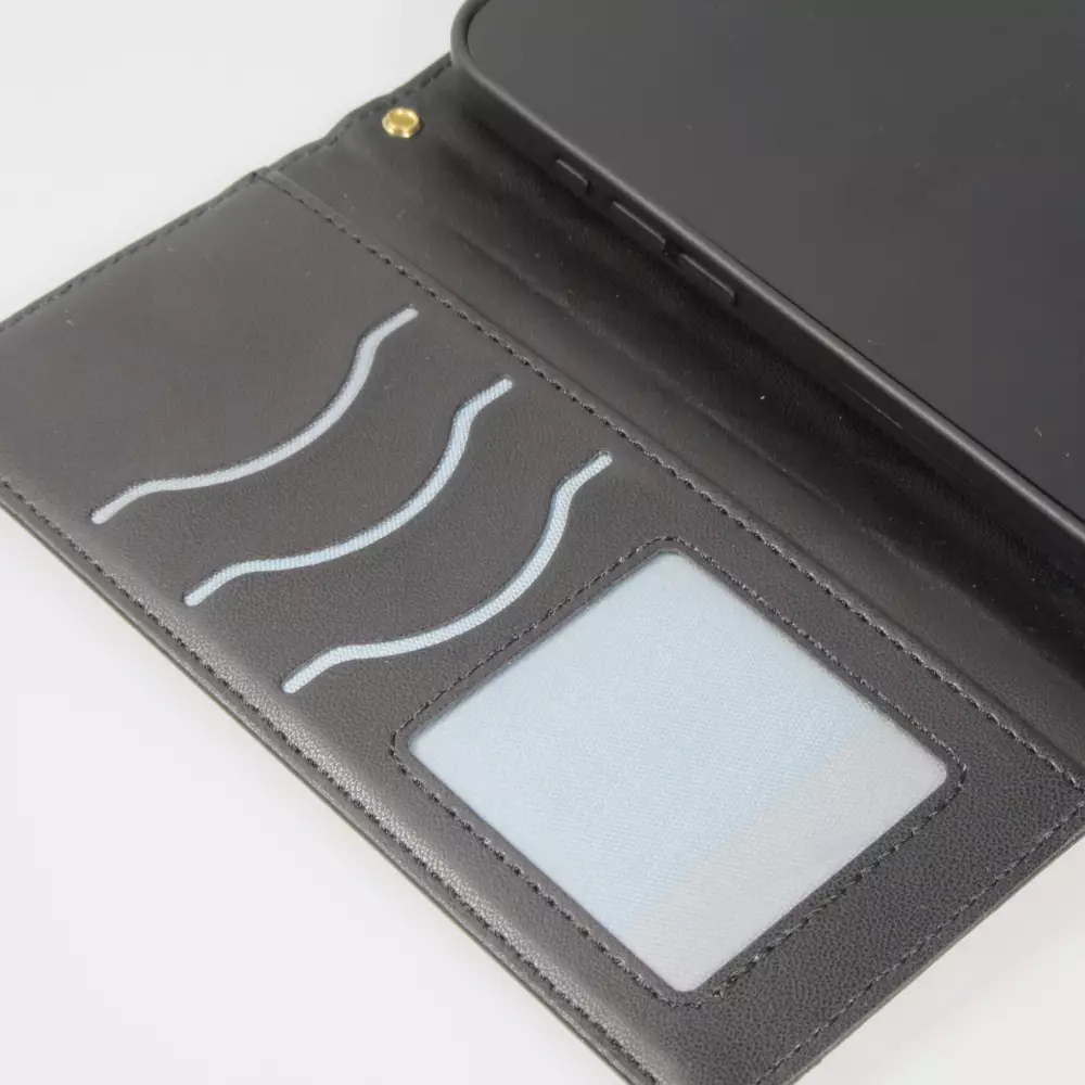 iPhone 16 Pro Case H&uuml;lle - Elegante Flip-Matratze mit Magnetverschluss Trageschlaufe und Kartenf&auml;chern - Schwarz