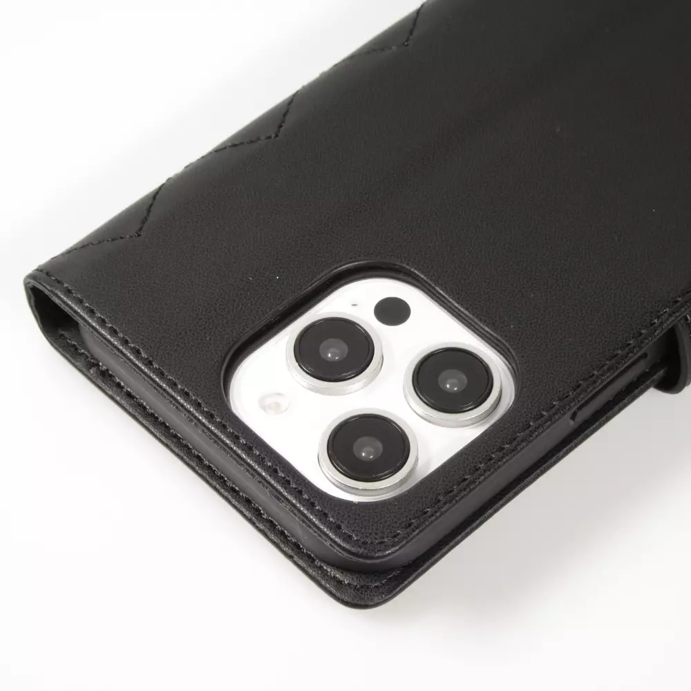 iPhone 16 Pro Case H&uuml;lle - Elegante Flip-Matratze mit Magnetverschluss Trageschlaufe und Kartenf&auml;chern - Schwarz