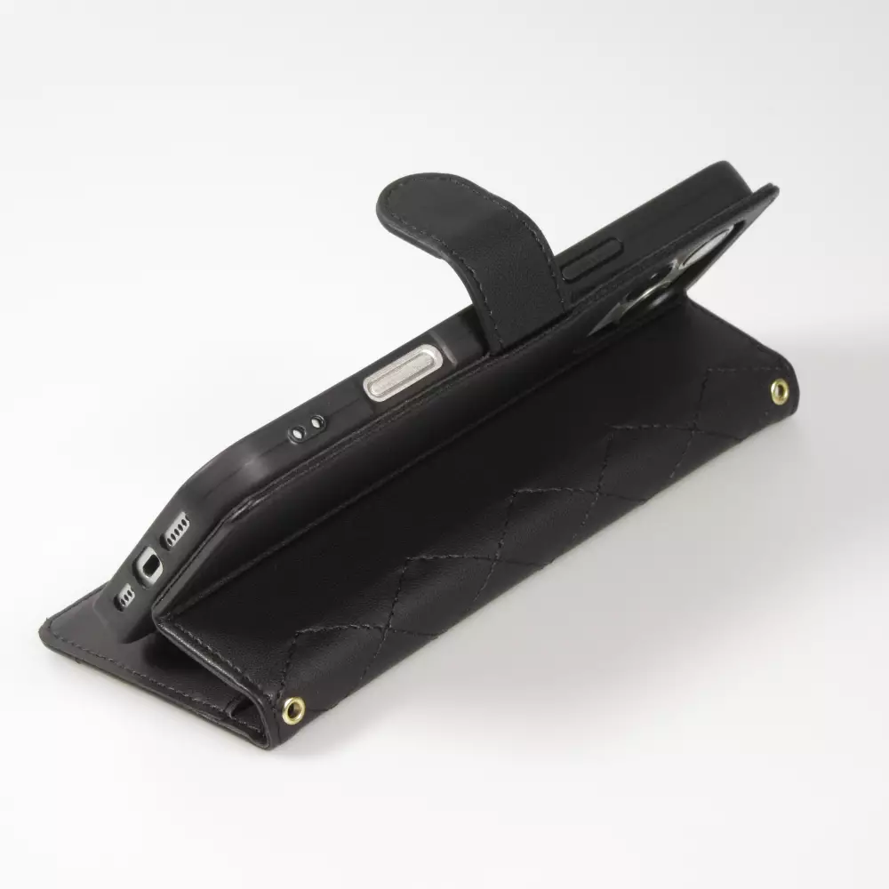 iPhone 16 Pro Case H&uuml;lle - Elegante Flip-Matratze mit Magnetverschluss Trageschlaufe und Kartenf&auml;chern - Schwarz