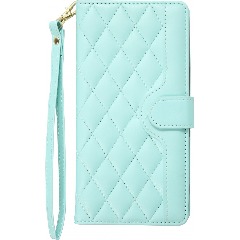 Fourre iPhone 16 Pro - Flip matelass&eacute; &eacute;l&eacute;gant avec fermeture magn&eacute;tique et lani&egrave;re et emplacements pour cartes - Turquoise