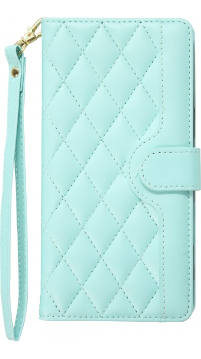 Fourre iPhone 16 Pro - Flip matelassé élégant avec fermeture magnétique et lanière et emplacements pour cartes - Turquoise