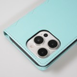 Fourre iPhone 16 Pro - Flip matelass&eacute; &eacute;l&eacute;gant avec fermeture magn&eacute;tique et lani&egrave;re et emplacements pour cartes - Turquoise