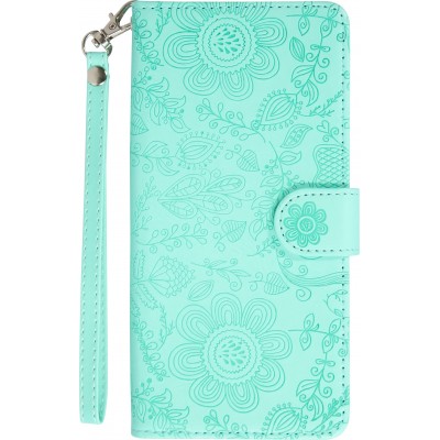 iPhone 16 Pro Case Hülle - Flip Kartenetui Blumenmuster mit Lanyard - Hellblau