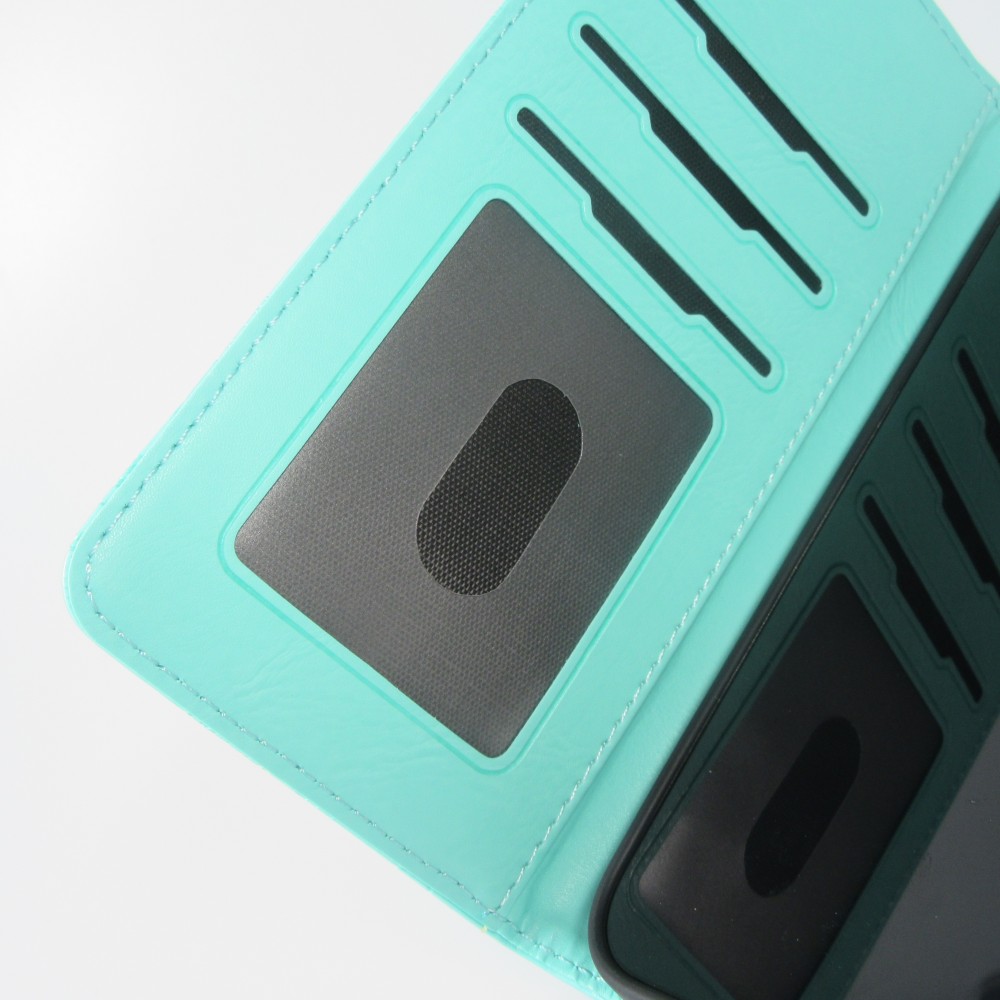 iPhone 16 Pro Case Hülle - Flip Kartenetui Blumenmuster mit Lanyard - Hellblau