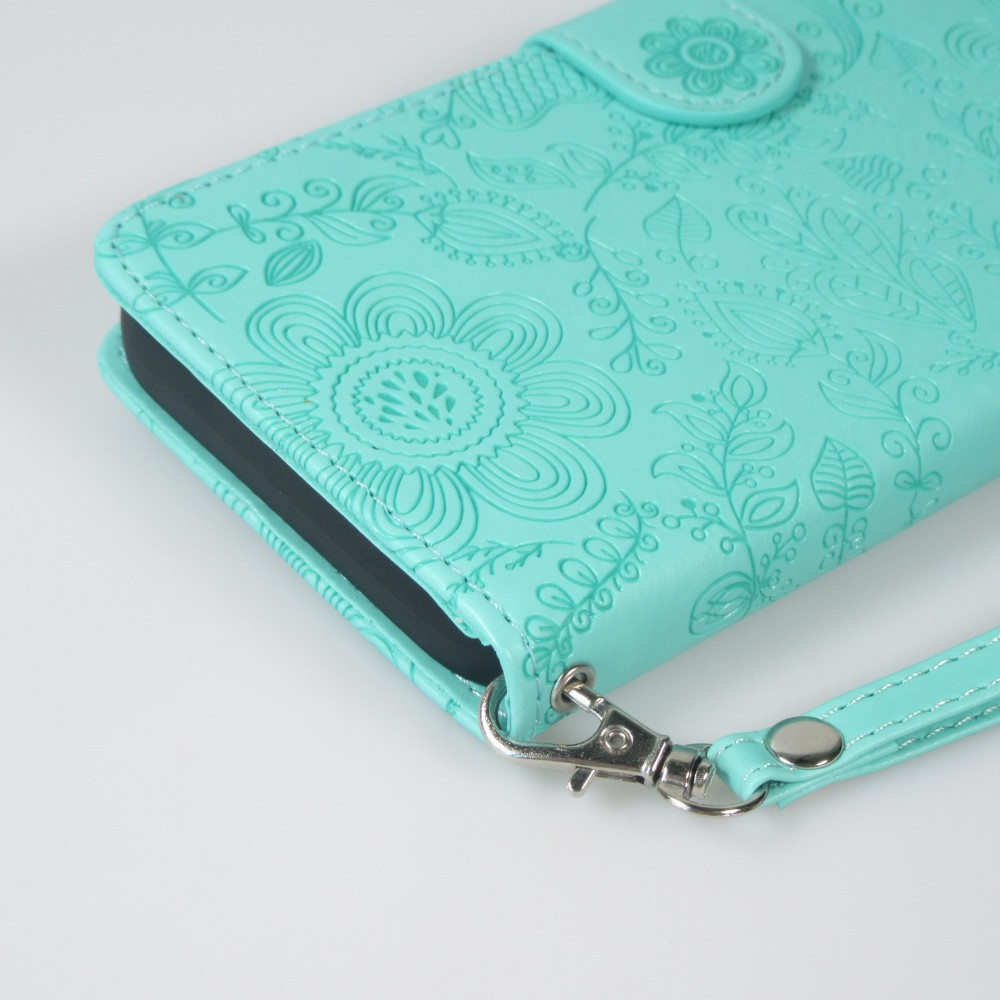 iPhone 16 Pro Case Hülle - Flip Kartenetui Blumenmuster mit Lanyard - Hellblau