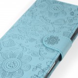 Fourre iPhone 16 Pro - Flip porte-cartes dessins fleurs avec lani&egrave;re - Bleu fonc&eacute;