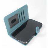 Fourre iPhone 16 Pro - Flip porte-cartes dessins fleurs avec lani&egrave;re - Bleu fonc&eacute;