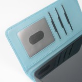 Fourre iPhone 16 Pro - Flip porte-cartes dessins fleurs avec lani&egrave;re - Bleu fonc&eacute;