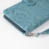 Fourre iPhone 16 Pro - Flip porte-cartes dessins fleurs avec lani&egrave;re - Bleu fonc&eacute;