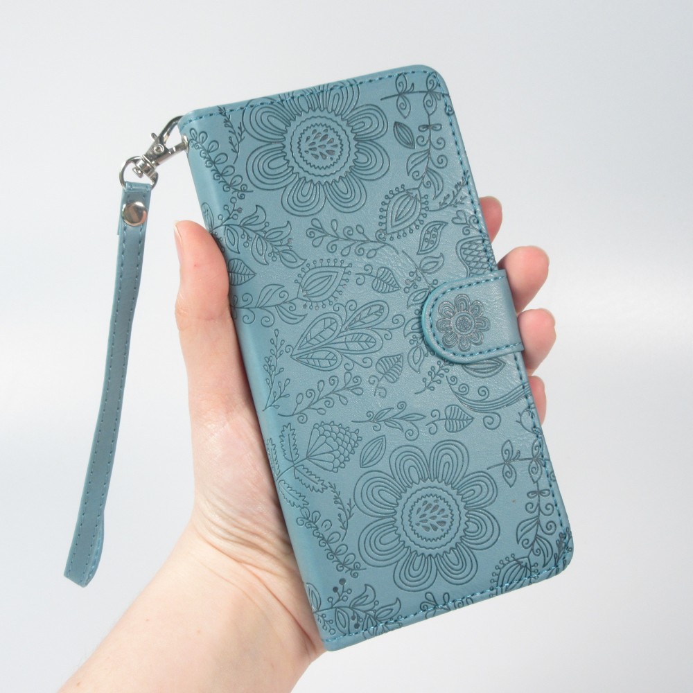 Fourre iPhone 16 Pro - Flip porte-cartes dessins fleurs avec lani&egrave;re - Bleu fonc&eacute;