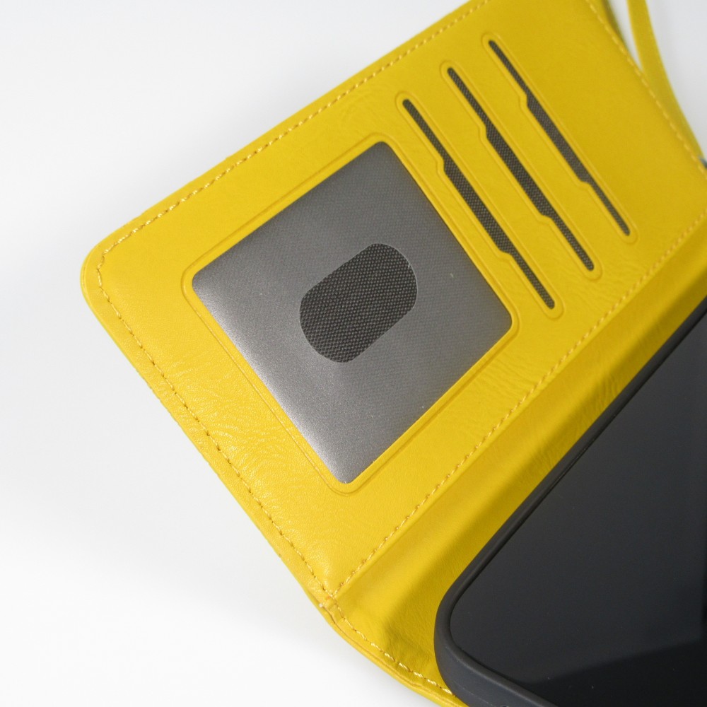 iPhone 16 Pro Case H&uuml;lle - Flip Kartenetui Blumenmuster mit Lanyard - Gelb