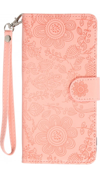 Fourre iPhone 16 Pro - Flip porte-cartes dessins fleurs avec lanière - Rose