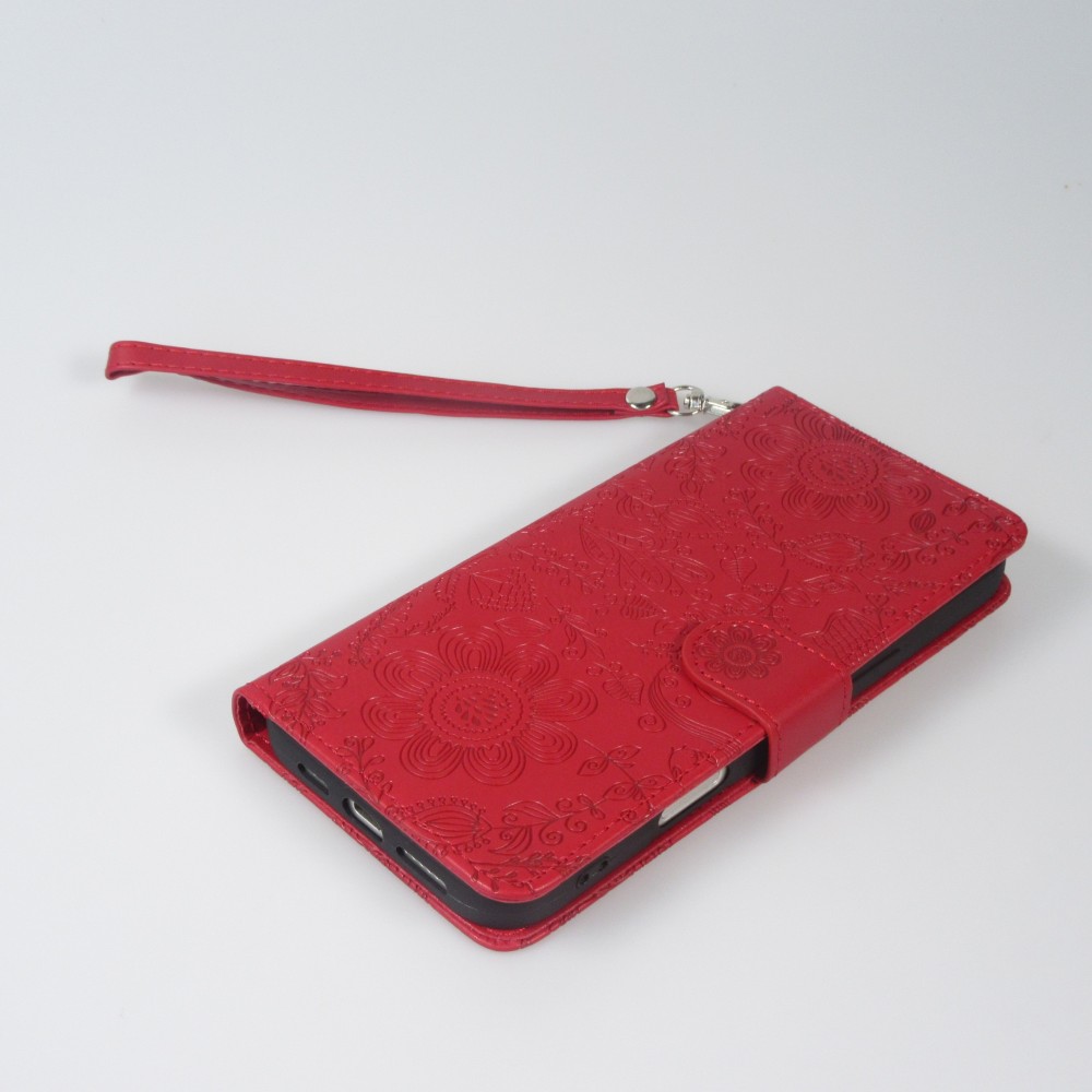 Fourre iPhone 16 Pro - Flip porte-cartes dessins fleurs avec lani&egrave;re - Rouge