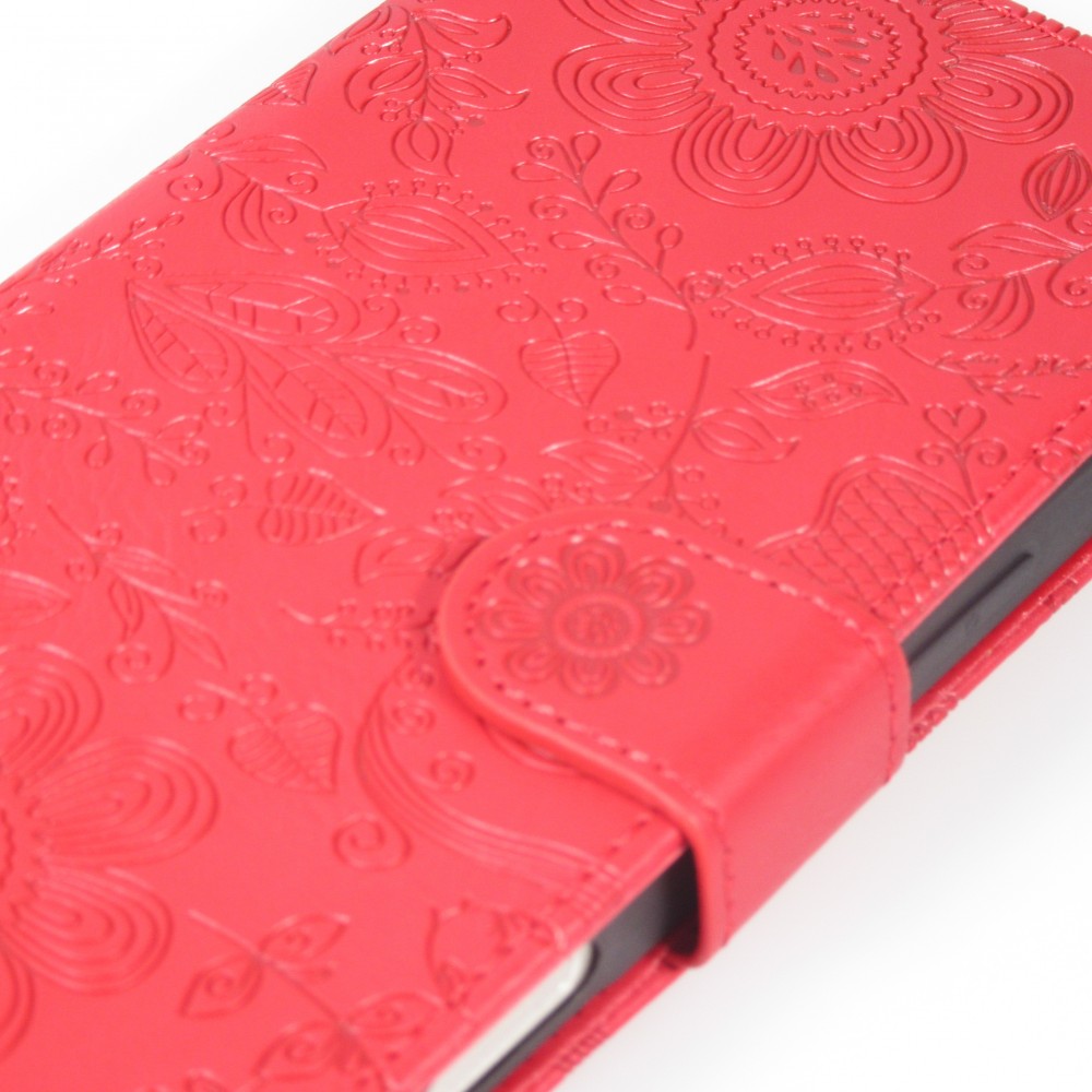 Fourre iPhone 16 Pro - Flip porte-cartes dessins fleurs avec lani&egrave;re - Rouge