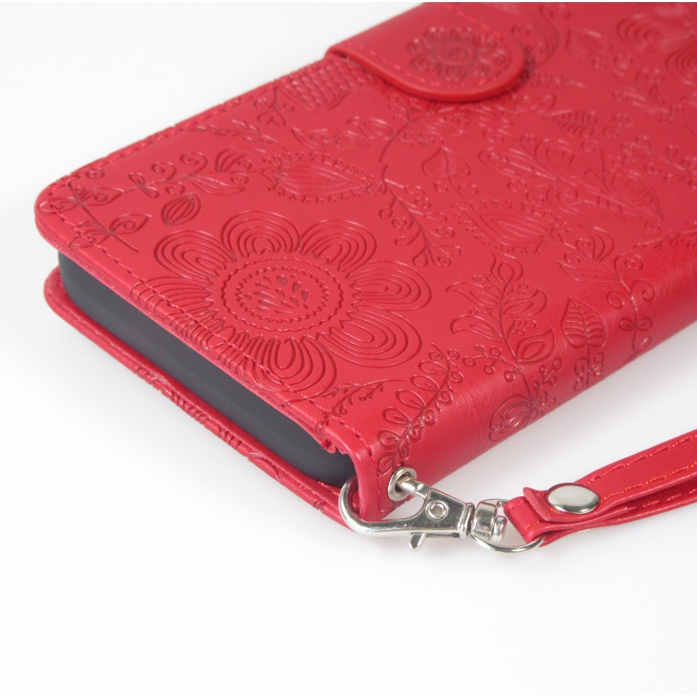 Fourre iPhone 16 Pro - Flip porte-cartes dessins fleurs avec lani&egrave;re - Rouge