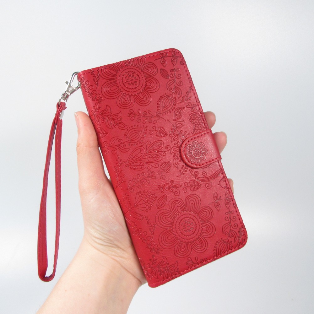 Fourre iPhone 16 Pro - Flip porte-cartes dessins fleurs avec lani&egrave;re - Rouge