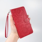 Fourre iPhone 16 Pro - Flip porte-cartes dessins fleurs avec lani&egrave;re - Rouge