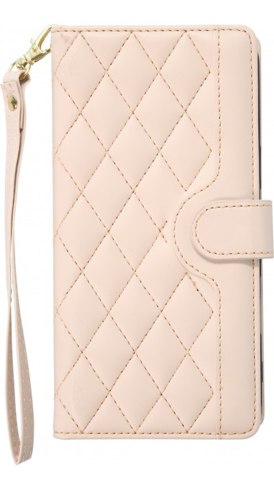 Fourre iPhone 16 Pro Max - Flip matelassé élégant avec fermeture magnétique et lanière et emplacements pour cartes - Beige